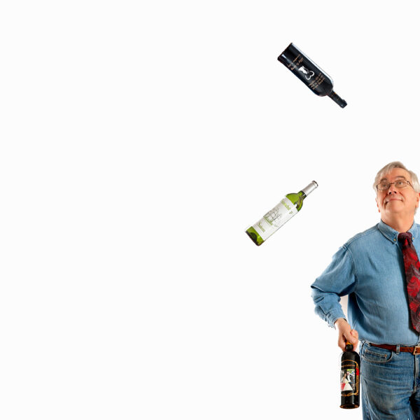 Digital composite and portrait of etched wine bottles and artist